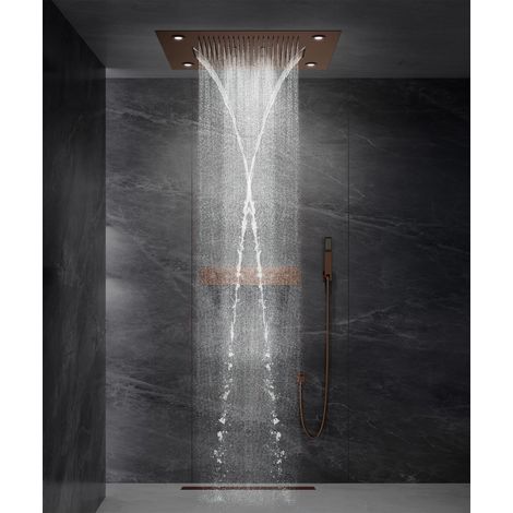 Composition de douche thermostatique avec ciel de pluie LED et chromothérapie - 80x60 cm - Or rose brossé