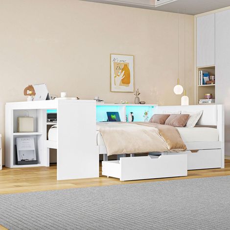 Lit plateforme en bois 140x200 avec étagères, tiroirs, station de recharge et tête de lit rembourrée, avec éclairage LED coloré, blanc