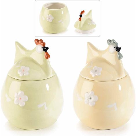 Barattoli alimentari portadolci / contenitori per alimenti a forma di gallinella in ceramica con coperchio e fiori, set da 2 pezzi, Ø 11,5 cm x 16 H
