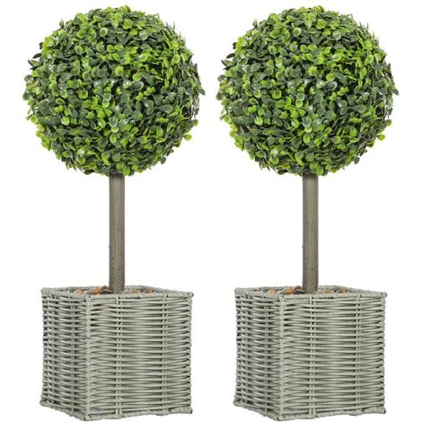 Lot de 2 plantes artificielles, arbres artificiels résistants aux UV en pot, adaptés à une utilisation intérieure et extérieure, en plastique et ciment, de couleur verte. (1/5)