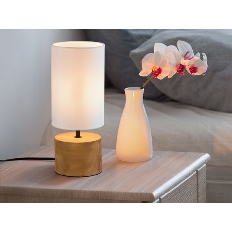 LED Tischleuchte Holzfuß mit Stoffschirm in Weiß, Höhe 30cm (1/5)