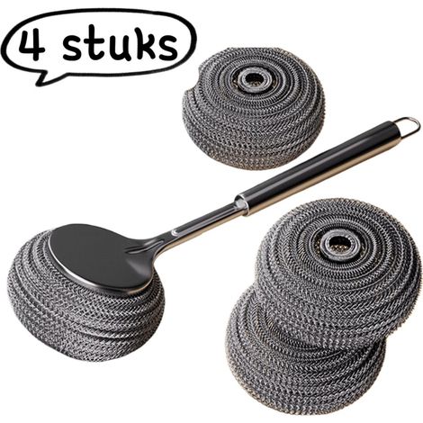 Ensemble de 4 éponges et brosses de nettoyage en acier inoxydable avec long manche et têtes remplaçables dont 3 boules métalliques argenté (1/5)