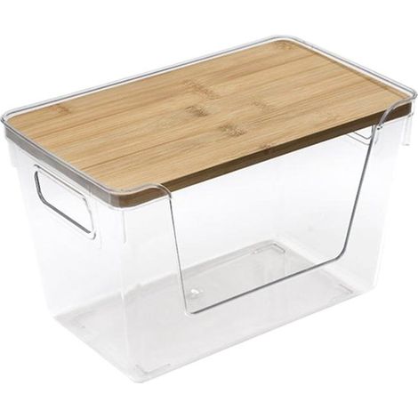 Boîtes de rangement empilables transparentes - Boîtes de rangement ouvertes en acrylique - Boîtes de rangement - Avec couvercle et poignée en bambou - Pour chambre, salon, cuisine, dressing, buanderie (1/5)
