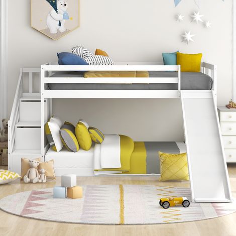 Bunk Bed with Stairs, Slide and Storage, Mid Sleeper, 90x190cm Children Bed 2 Drawers in the Steps, White (1/5)