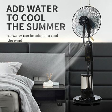 Ventilateur brumisateur sur pied 43 cm, télécommande, oscillation 90°, réservoir 3,2 L, moteur cuivre silencieux, minuterie 7,5 h, démontable et lavable, usage intérieur (1/5)