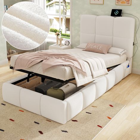 Lit coffre enfant 90x200 cm hydraulique, lit simple ado avec USB-C, sommier à lattes, bouclé beige