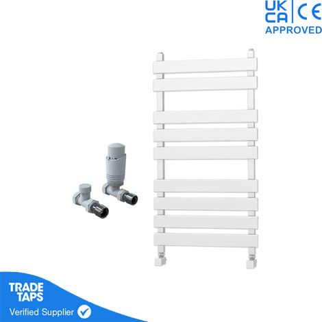 Marvella White Flat Panel Towel Rail - 950 x 500mm - Straight TRV Valve Pair (1/3)
