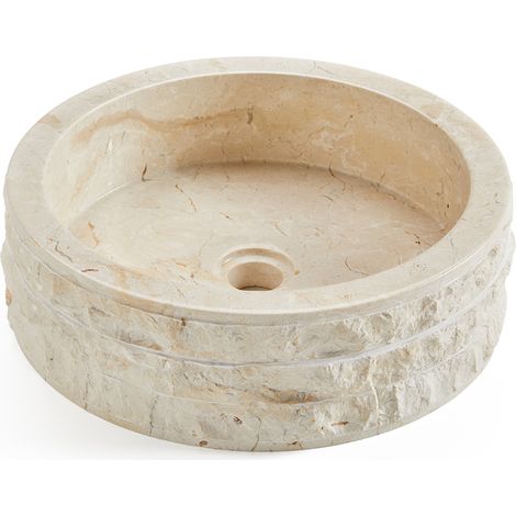 Vasque à poser / lavabo rond en marbre, coloris beige - Diamètre 40 x Hauteur 15 cm - PEGANE - (1/4)