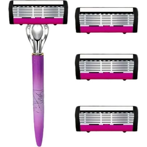 Rasoir manuel à 6 lames pour femme avec 1 manche ergonomique + 3 cartouches de rechange - pour l'épilation intégrale du corps (jambes, aisselles, bras) - Conception incurvée, étanche et lavable (1/4)