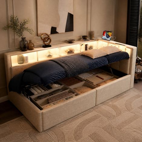 Divano letto 90 x 200 cm con contenitore, USB e Type-C, LED multicolore, beige HAVRYA (1/5)