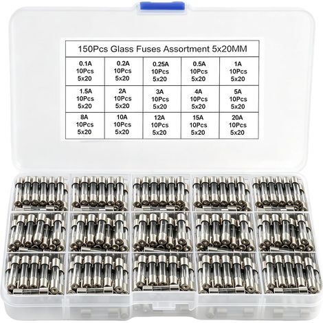 150 PCS Glass Fuses 5x20mm, 15 Values 0.1A to 20A with Fast Fusion  250V Assorted Glass Fuses with 0.1A 0.2A 0.25A 0.5A 1.5A 2A 3A 4A 5A 8A 10A 12A 15A 20A Car Truck (1/5)