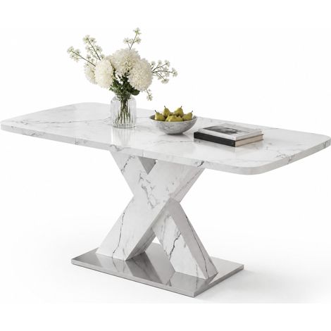 Table à manger extensible rectangulaire 120-160 cm, plateau marbre blanc imprimé, MDF et base métal, 100 kg, style moderne pour salle à manger - CHICFURN (1/5)