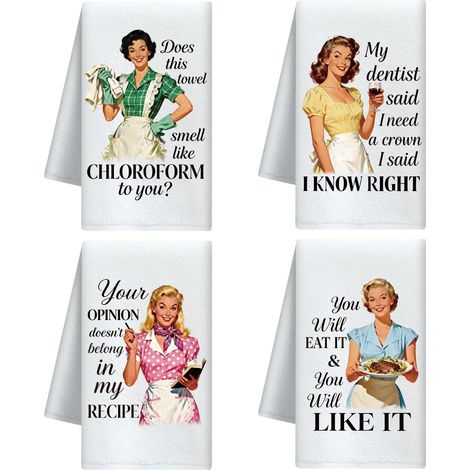 Set de 4 Torchon de Cuisine Décoratifs, Bunte Vintage-Hausfrauen, Microfibre Douce et Absorbante, Torchons pour Vaisselle, Cuisine, Thé, Café, Bar, Maison (1/5)