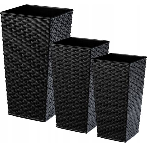 KADAX Rattan Blumentopf Set, Blumenkübel aus Kunststoff, 30+35+40 cm, Schwarz