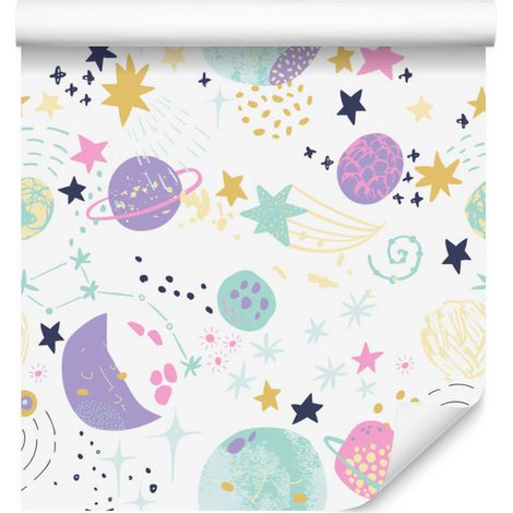 Papel pintado de estrellas fugaces y planetas para salón y dormitorio, 50x1000 cm. (1/5)