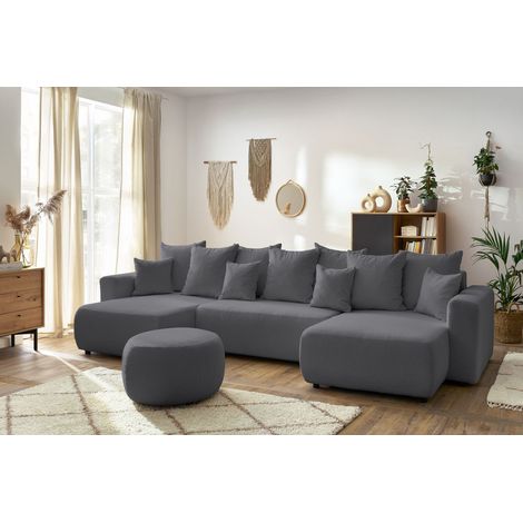 BOBOCHIC - Canapé panoramique convertible coffre ENVY tissu bouclette avec pouf rond Panoramique Gris foncé (1/5)