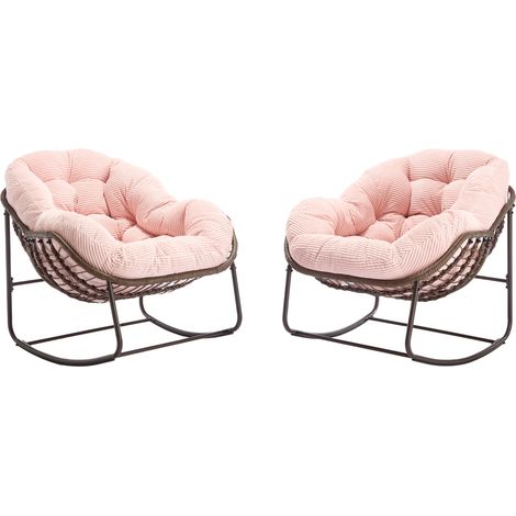 Fauteuil à bascule d'extérieur en rotin synthétique avec coussin rembourré, cadre en acier, rose, 78x106x90 cm (1/5)