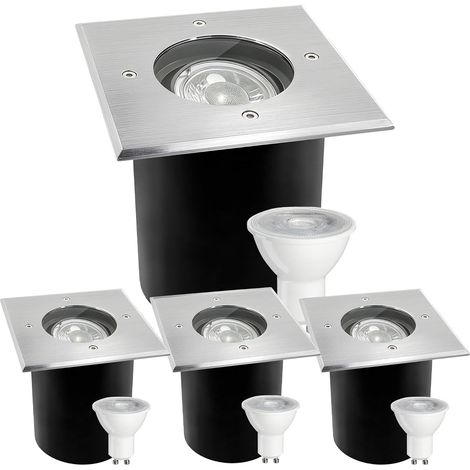 Spot Encastrable Exterieur IP67 étanche 230 V, Argent 4 Pack Acier Inoxydable Spot LED Extérieur avec Ampoule LED GU10 5 W 3000K Blanc chaud, Spot Carré Encastrable (1/5)
