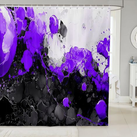 Rideau Douche 180x200cm Art Abstrait,Rideaux de Douche Violet,Rideau de Baignoire Art Fluide d'encre de Texture de Marbre Ombre,Rideaux Salle de Bain Marbrage Noir Gradient - 180L X 200H cm (1 Panneau (1/5)