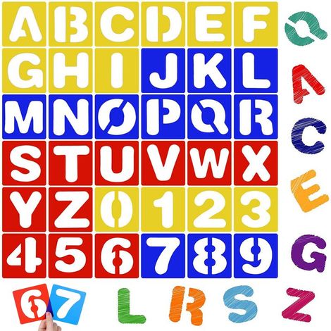 Ensemble de 36 pochoirs de lettres et chiffres 10x10 cm – Matériau PP – Pour peinture sur bois et artisanat – Couleurs aléatoires (1/5)