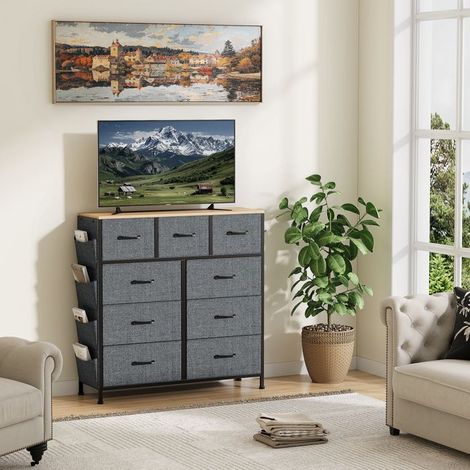 Vertikaler Aufbewahrungsschrank - 9 Schubladen - 98,8x30x100 cm - Metallrahmen & Holzplatte - Grau, modernes Design