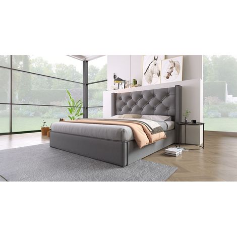 Lit coffre rembourré 160x200 avec sommier lattes gris tissu (1/5)