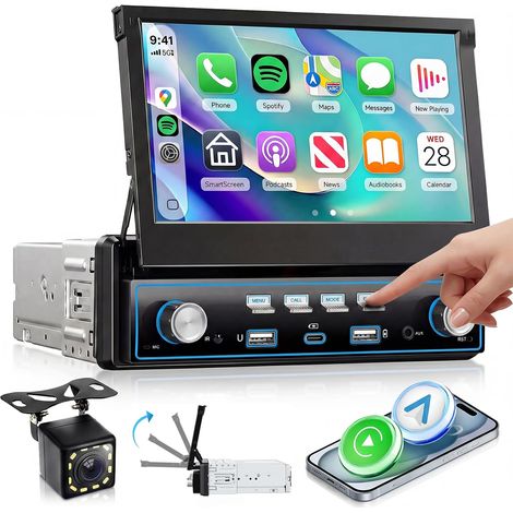 1 DIN Car Radio with Carplay Android Auto Wireless, 7 Inch Screen Manual Extendable with Piano Keys, FM Radio with Bluetooth GPS/Nav, 2 USB/Type-C with Rear View Camera, Dual Button (1/5)