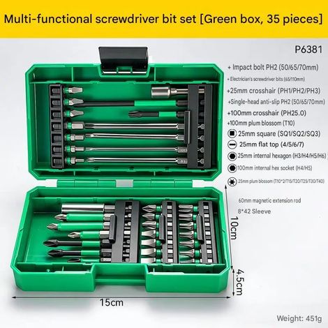 35-teiliges Steckschlüssel-Set für Kreuzschlitz- und Schlitzschrauben, verschiedene Größen, sortiert, für elektrische Bohrmaschinen, grün (1/5)