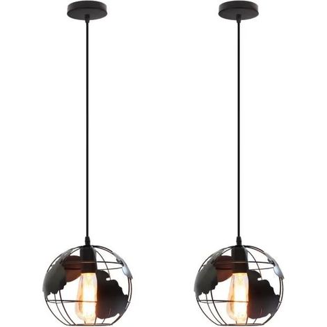 U-Do 2Pcs Lustre Créatif Lampe forme Terre en Fer Noir Vintage Suspension Ajustable Industrielle pour Salon Couloir (1/4)