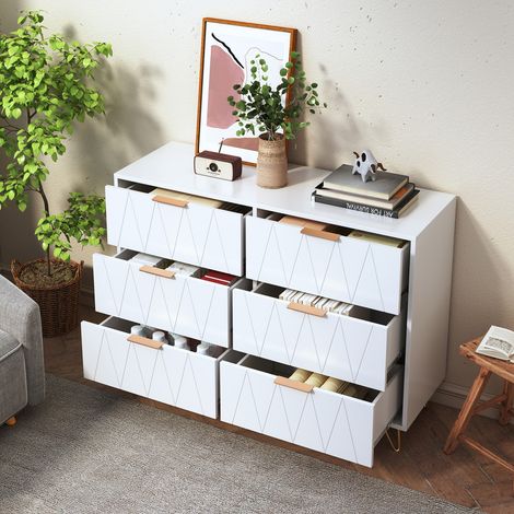 Commode 100 cm à Commode avec 6 Tiroirs, Meuble de Rangement à 3 Niveaux en bois, poignées et pieds dorés, pour Chambre à Coucher, Salon, Blanc (1/5)