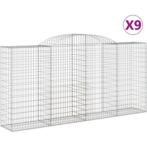 Lot de 9 paniers à gabions clôture cage mur de soutènement arqués 300 x 50 x 140/160 cm fer galvanisé Argent