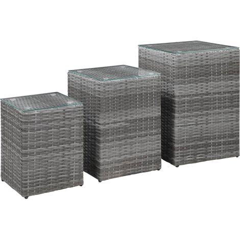 Beistelltische 3 Stk. mit Glasplatte Grau Poly Rattan