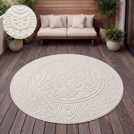 Paco Home Tapis Exterieur Terrasse Salon Cuisine Motif Scandinave Motif Boho Uni 200 cm rond, Crème 3