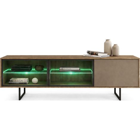 TV-Schrank Travesio, 3 Regale, 3 Türen: Glas-Details, LED-Licht, 185x40x60h cm, Nussbaum braun