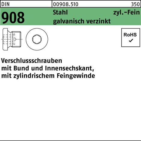 DIN 908 Verschlussschraube Feingewinde VG M18x1,5 Stahl 5.8 galvanisch verzinkt ISK m. Bund 100 Stk (1/2)