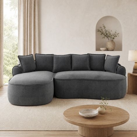 Canapé d'angle modulable 252x164x67 cm en tissu chenille gris, gain de place pour salon FloraGrace (1/5)