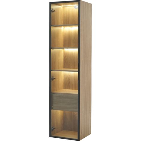Armario de bano con estantes abiertos y puerta de vidrio templado, mueble auxiliar de MDF, Natural (1/5)