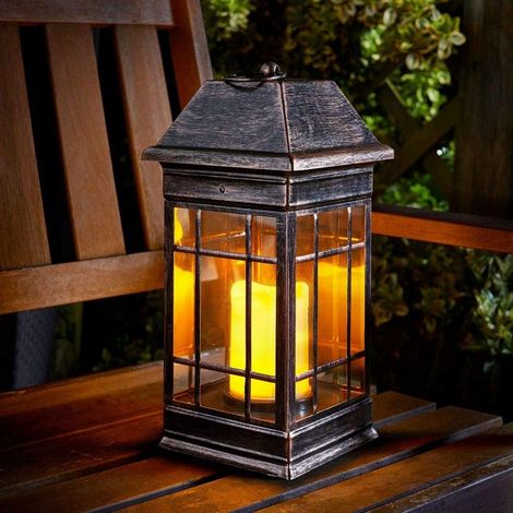 Lanterne solaire décorative Séville – Métal noir-brun antique – Led blanc chaud effet bougie – Hauteur 37,5 cm x largeur 17,5 cm – Garden Mile (1/2)