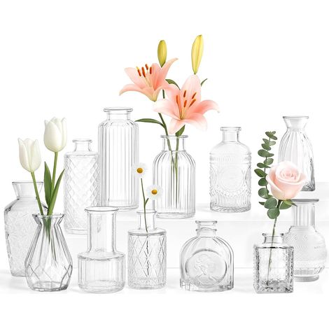Trintion 12er-Set Kleine Vintage Vasen mit Diamantschliff, Mini-Tischvasen & Teelichthalter, Dekogläser für Hochzeitsdeko, Tischdeko, Fensterbank & Wohnaccessoires (1/5)