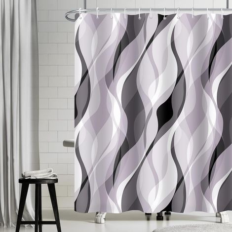 Rideau Douche Anti Moisissure, Rideau de Douche Lavande Abstrait Rayures Gris Rayé Rideaux de Baignoire Tissu Imperméable Lavable Polyester Rideaux Salle de Bain avec 12 Crochets 200x180cm (1/5)