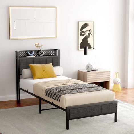 Lit 90x200 cm en métal, cadre de lit en métal noir avec sommier à lattes, ports USB intégrés, sans matelas (1/5)