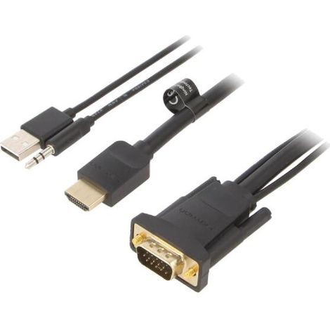 Cable HDMI 1.4 prise male D-Sub 15pin male Jack 3.5mm prise male USB A prise male 2m - Noir