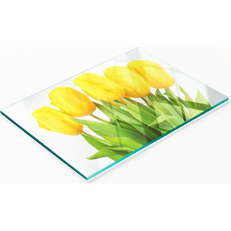 Piatto decorativo multifunzionale in vetro per cucina, con tulipani gialli, 80x52 cm. (1/5)