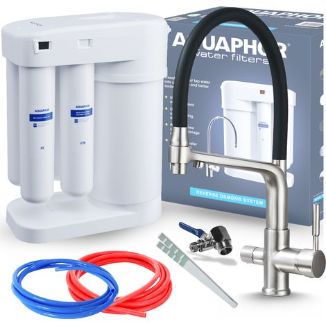Kit de filtro de agua potable por ósmosis inversa Aquaphor Morion 101S + grifo de cocina flexible de tres vías - iNOX (1/5)