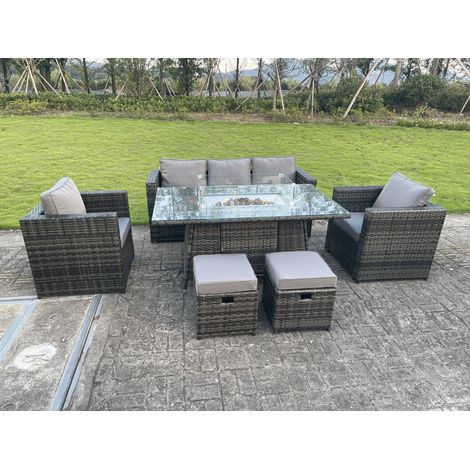 Fimous 7 Seater PE Wicker Rattan Garden Furniture Gas Fire Pit Table Gas Heater Sets Lounge Sofa Set With Chair Stools Clear Tempered Glass (1/5)
