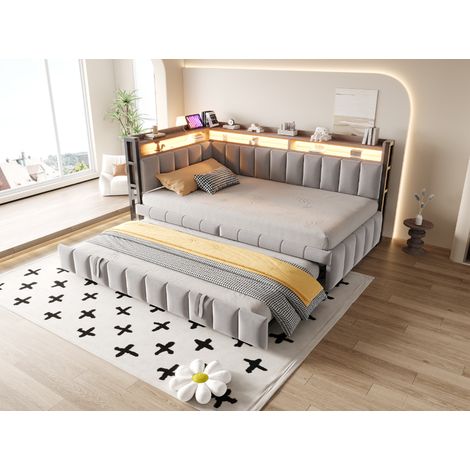 Letto divano imbottito moderno 90x200 cm in tessuto grigio, estraibile con LED, vani portaoggetti, USB e rete a doghe (1/5)
