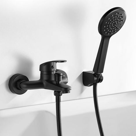 Robinet de Baignoire Noir, Mitigeur de Baignoire Noir avec Douchette et Flexible de Douche (1.5m) Support, Mitigeur monocommande de Douche Mural, Robinet Douche Universel Filetage G1/2 (1/5)