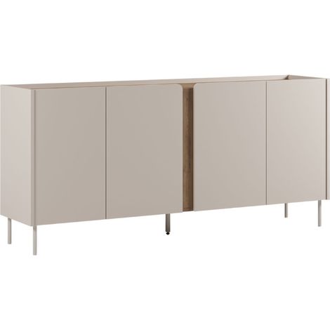 Buffet 4 portes 180cm en mélaminé beige et imitation bois avec découpe graphique bandeau - LIWENN