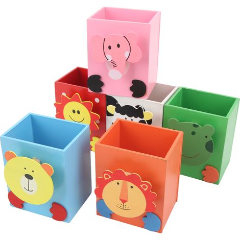 6er-Set Stiftehalter aus Holz, niedliche, bunte Cartoon-Stiftehalter mit Botschaftscliparts, Schulbedarf, Schreibtisch-Organizer (1/5)