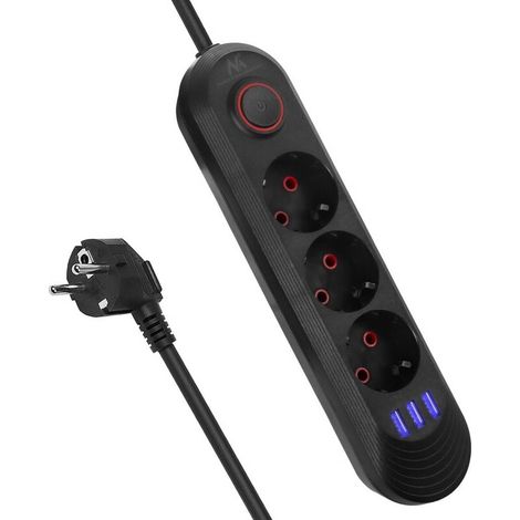 Regleta MCE394 B, 1,5 m, 3 tomas + 2 puertos USB, 110-240 V CA 50/60 Hz, 2,1 A máx. 2500 W, color negro. (1/3)